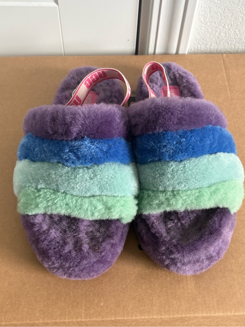UGG Multicolor Plush Slide Sandals in Purple, Blue, Aqua, Green